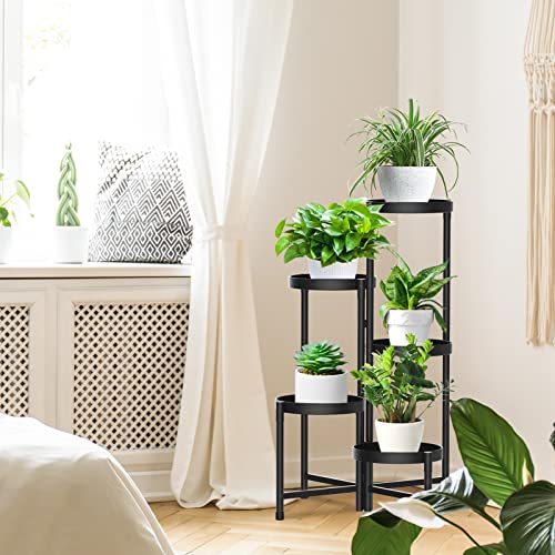 5 Tier Metal Plant Stand For Indoor Outdoor, Idavosic.ly Foldable Corner Tall Plant Shelf For Multiple Plants, Rustproof Flower Pot Holder Display Stand For Living Room Balcony Garden Patio (Black) #TOP3