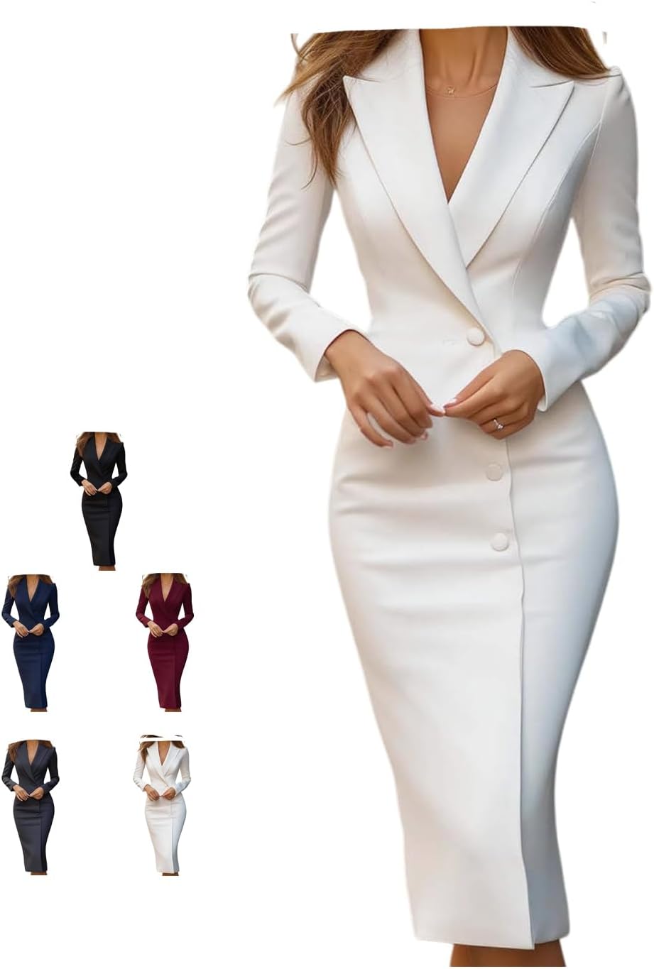 Womens Work Midi Dress Long Sleeve V Neck Elegant Dressy Fitted Wrap Design for Business Meetings Wedding Guest Prom Occasion
