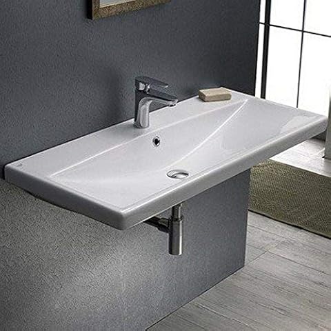 CeraStyle 032200-U-One Hole Elite Rectangle Ceramic Wall Mounted/Self Rimming Sink, White Cover