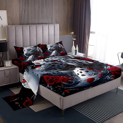 jejeloiu Leopard Bed Sheets Set Twin Size Kids Cheetah Print Rose Fitted Sheet with Deep Pocket for Boys Girls Teens Wild Animal Bedding Set Breathable Safari Bedroom Decor