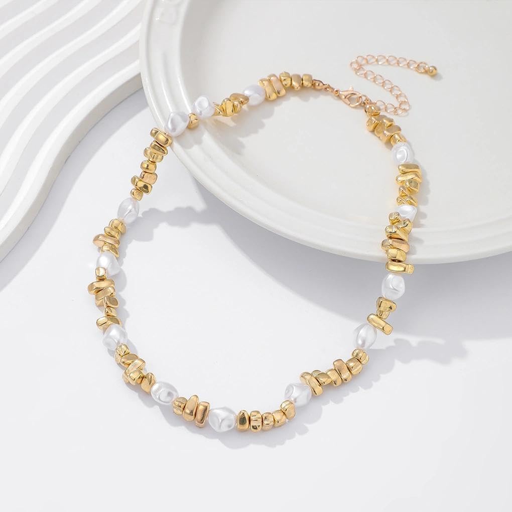 Dainty Gold Pearl Statement Collarbone Necklace for Women,Vintage White Baroque Pearl Beaded Choker,Personalized Trendy Jewelry Accessories Gifts - Image 6
