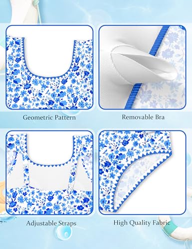 Image of Girls Swimsuit Ruffled Square Neck Color Contrast Trim One Piece Bathing Suit Geometric Girls' Swimwear 9-16Y