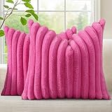 decorUhome Faux Fur Christmas Throw Pillow Covers 18x18 Set of 2, Decorative Soft Plush Striped Neutral Couch Euro Pillow Covers with Velvet Back for Sofa, Bed, Living Room Home Decor, Hot Pink