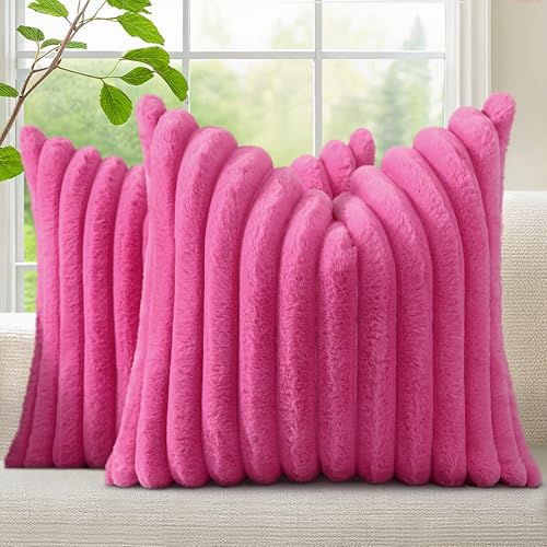 decorUhome Faux Fur Spring Throw Pillow Covers 18x18 Set of 2, Decorative Soft Plush Striped Neutral Couch Pillow Covers with Velvet Back for Sofa, Bed, Living Room Home, Hot Pink