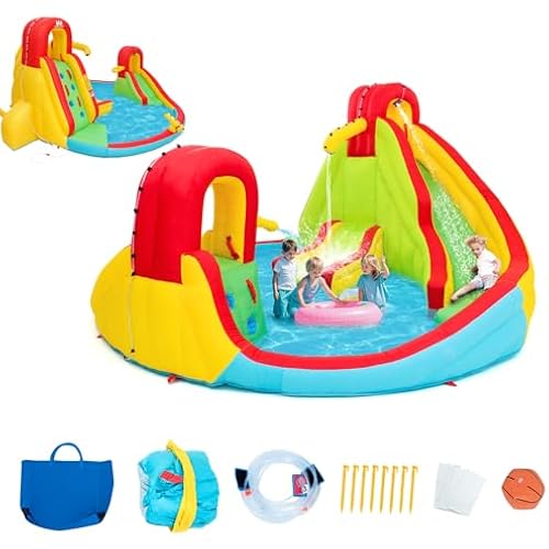 OLAKIDS Inflatable Water Slide, 7 in 1 Bounce House with 2 Slides 2 Water Guns Climbing Wall Splash Pool Basketball Rim, Outdoor Inflatable Obstacle Course Jumping Castle for Backyard