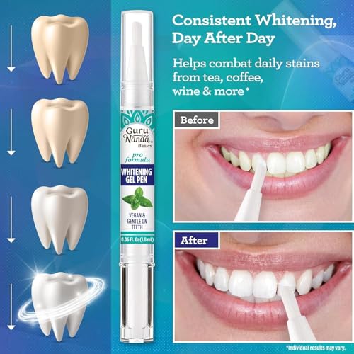 Image of GuruNanda Teeth Whitening Pen,(0.06 fl oz)-20 Uses, Pro Formula - Hydrogen Peroxide Whitening Gel Pen, Enamel-Safe, Cruelty-Free, Vegan, Mint Flavor (Pack of 4)