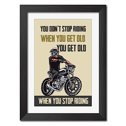 Image of TenorArts Motorcycle Riding Poster Frame Bikers Bullet Rider Motivational Quotes Laminated Photo Framed Painting with Matt Finish Frames (9inches x 12inches) (Get Old)