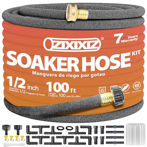 Zixixiz 100FT Heavy-Duty 1/2 Inch Soaker Hose with 3/4 Inch Solid Brass Connector - Leakproof Garden Watering System for Gardens, Lawns, Flower & Vegetable Beds