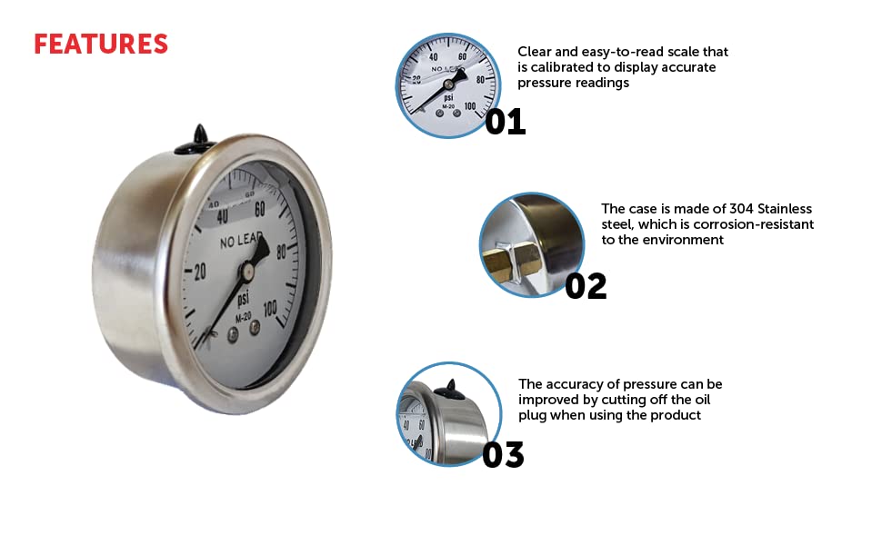 Miniatura 5 de Merrill MFG - Medidor de presión relleno de líquido NPT de acero inoxidable de 0  100 PSI de 0  100 PSI, montaje trasero central de agua, aceite y