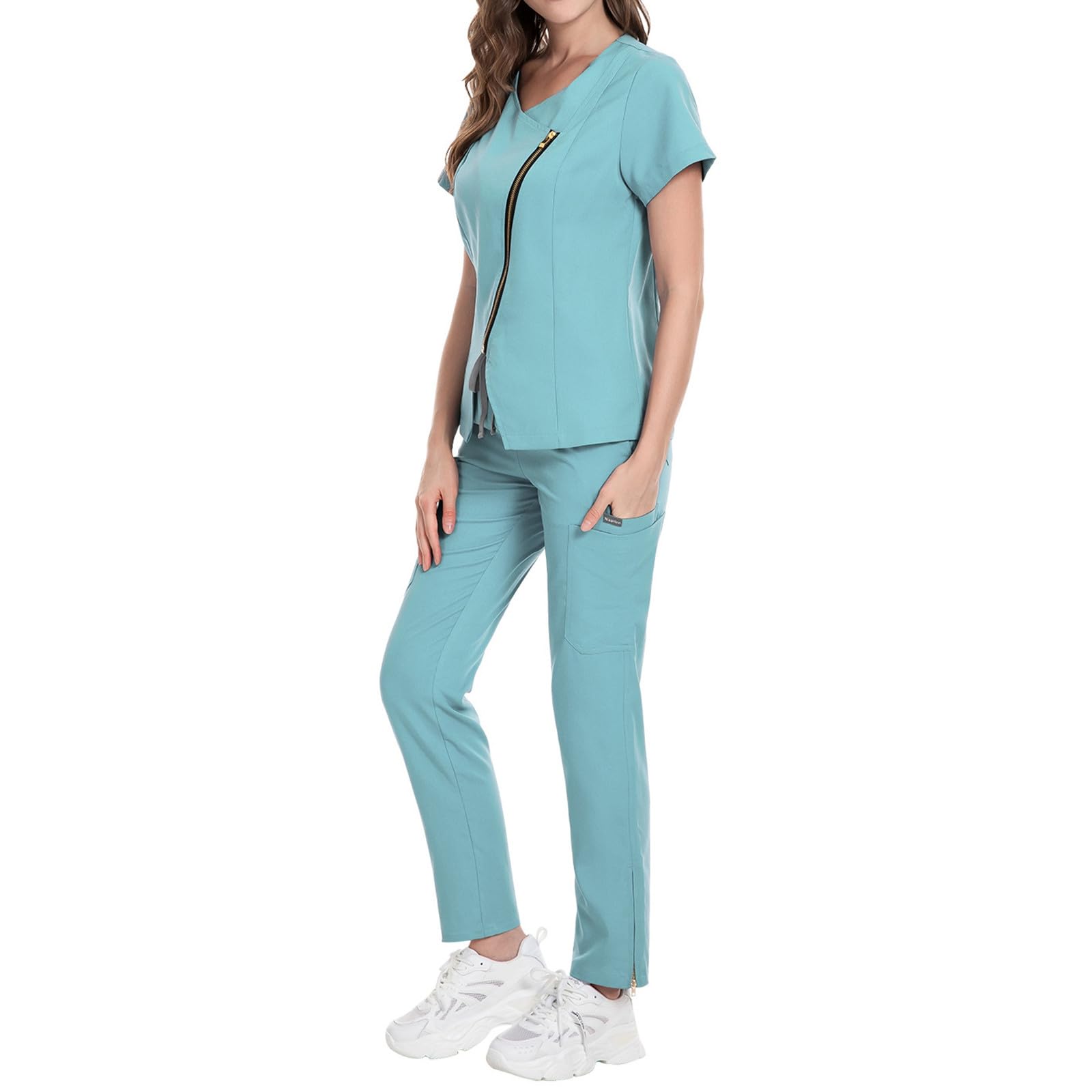Medizinische Damen Schuhe Nurse V-Ausschnitt Oberteil mit Hose Uniform Ärztin Bequem Berufsbekleidung Arzt Baumwolle Schutzanzug Set Große Größen Kasack Scrubs
