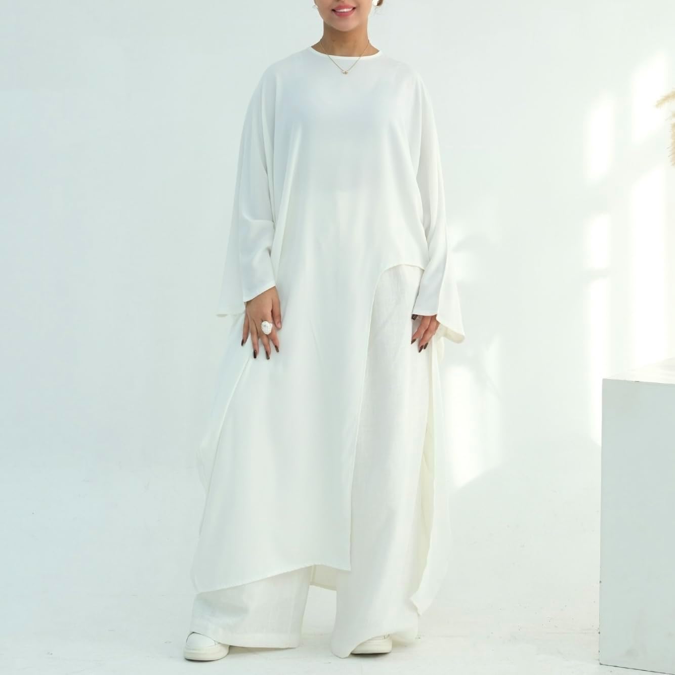 Hanimeli Womens Batwing Abaya Cape Asymmetric Long Top with Side Slit Nida Fabric Modest Hijab Summer Style