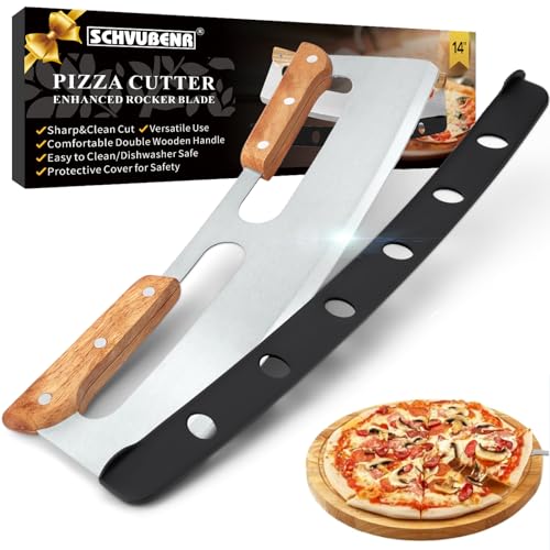 SCHVUBENR 14'' Pizza Cutter Rocker with Wooden Handles - Sharp Stainless Steel Pizza Slicer with Comfort Cover - Large Pizza Knife Cutter Wheel - Easy to Use & Clean - Slice Pizza with Ease