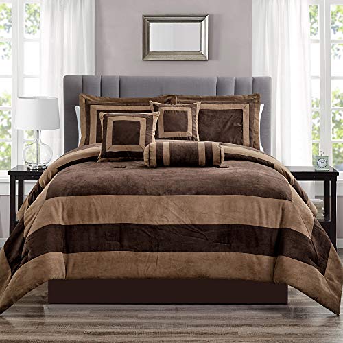 Grandlinen 7 Piece Brown, Beige Color Block Bedding (104"X 92") Patchwork Comforter Set Micro Suede Bed In A Bag King Size Bedding #TOP3