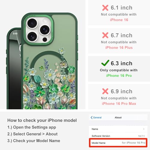 Image of Magnetic for iPhone 16 Pro Case with for Women Girls, Green Floral | Pretty Oil Painting Flower Pattern Design [Compatible with MagSafe] Shockproof Slim Translucent Matte Non-Slip Cover