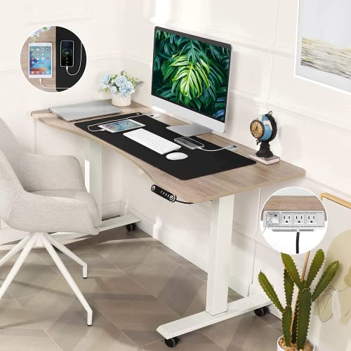 Legooin 55'' X 24'' Sit Stand Desk Electric Standing Adjustable Height Stand Desk With With Charging Station, 2 Usb Ports, 3 Power Outlets, 4 Caster, 27''-45'' Lifting Range Stand Up Desk(Oak Arc) #TOP6
