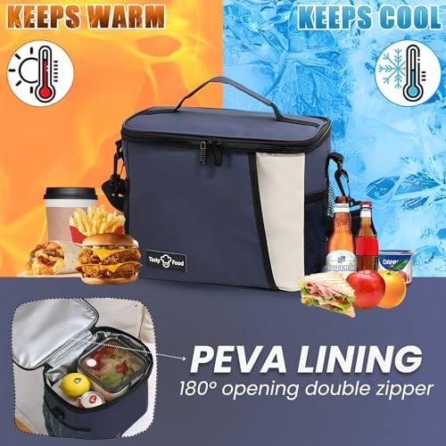 Image of OCEANEVO Insulated Lunch Bag with Luggage Tag, Tiffin Bag for Office with Handle and Shoulder Strap for Men and Women - 25 x 17.5 x 20 Cm - Navy Blue