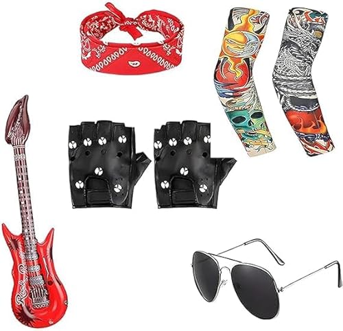Fizzix 7PCS Rock Star Costume Set – Inflatable Guitar, Microphone, Glasses, and More, Ultimate Rock Star Fancy Dress Accessories for Halloween, Parties, and Cosplay