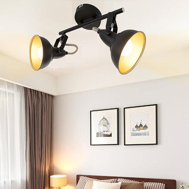 Depuley Retro 2 Way Straight Ceiling SpotlightKitchen Lights Fitting with Rotatable Trumpet-Shaped Lampshade, Black-Gold Metal Iron Cover, Track Lighting for Livingroom Kitchen Bedroom (No Bulbs)