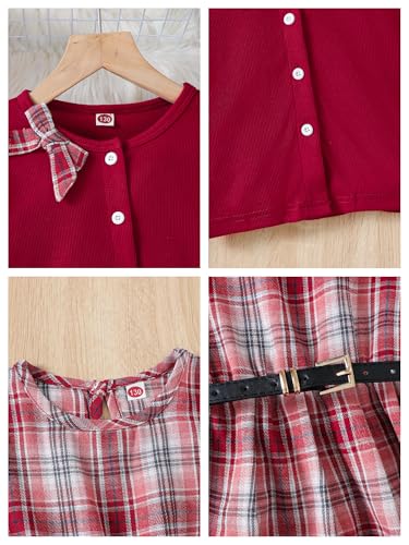 Image of PureChapter Girls' Preppy Clothes Plaid Vest Dress Cardigan Jacket Belt Cute Kids Clothes 7-14Y Green