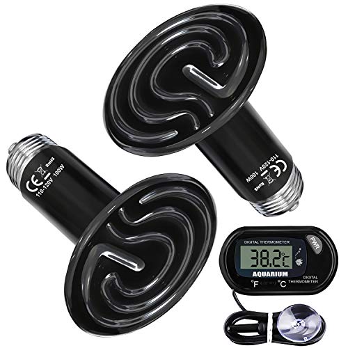 uniwood 2 Pack 100W Ceramic Heat Lamp with 1-pcs Digital-Thermometer, Mini Infrared Ceramic