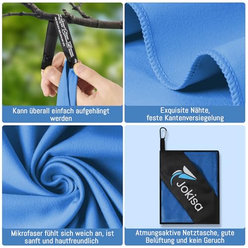Jokisa Mikrofaser Handtuch 2er Set, 180X90cm Strandtuch Mikrofaser + 80X40cm Sporthandtuch, Schnelltrocknendes & Sandfrei Handtücher für Outdoor Sauna Strand Trekking (Hellblau)