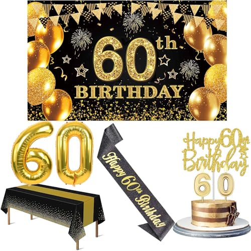 60th Birthday Decorations Men Women with 60th Birthday Banner Black and Gold Table Cloth Number Balloons Large Sash Cake Topper and Candles