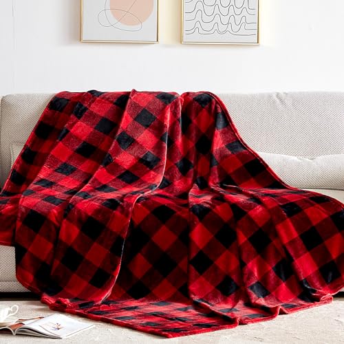 Touchat Fleece Throw Blankets, Buffalo Plaid Throw Blanket for Couch Sofa Bed, Soft Warm Fuzzy Cozy Plush Checkered Blanket, Lightweight Farmhouse Decor(Red and Black Plaid, 50“ x60”)