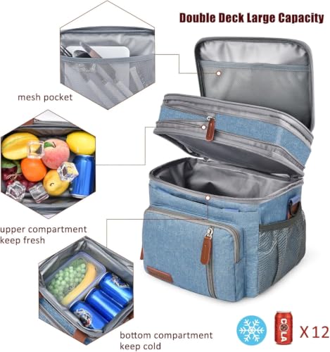 Image of MIYCOO Lunch Bag & Lunch Box for Men Women, Double Deck Leakproof Insulated Soft Large Adult Camping Cooler bag for Work, Beach, Picnic, Travel (Blue, 15L)
