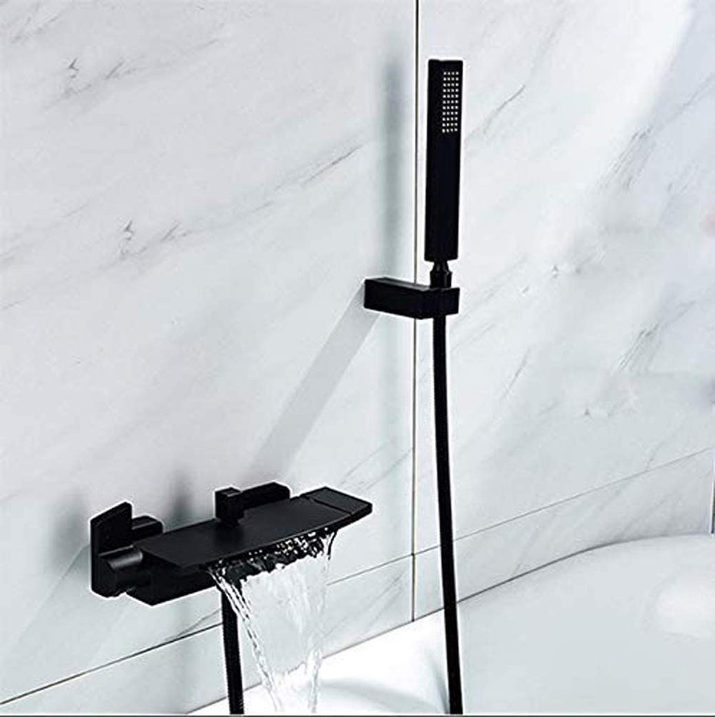 Hoimpro Wasserfall-Badewannenarmatur – Mattschwarz, Messing, Mit 2-in-1 Handbrause, Wandmontage