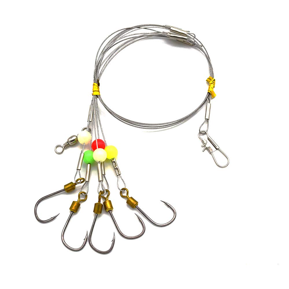 Fishing Hooks with Leader,Deep Drop Rigs,5 Hooks Fishing rig, Stainless Steel Wire Fishing Leaders with Swivel, Snap, Beads, Leader,Hooks…