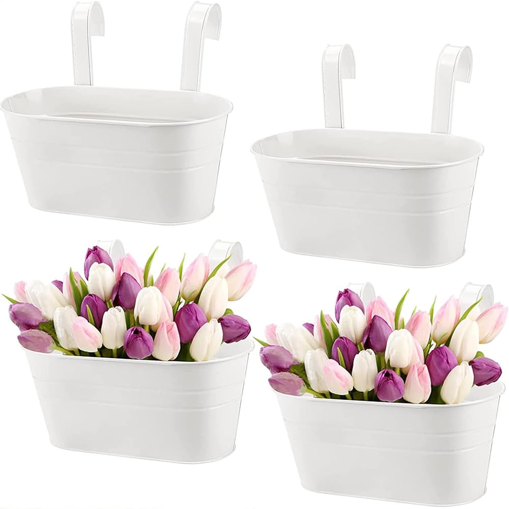 TOMVAES 4 Piece Hanging Planter, Metal Iron Planter Stand, Hanging Plant Pot, Large Fence Hanging Bucket Planter Indoor/Outdoor with Removable Hooks for Railing Fence Balcony Garden Home Decor (White)