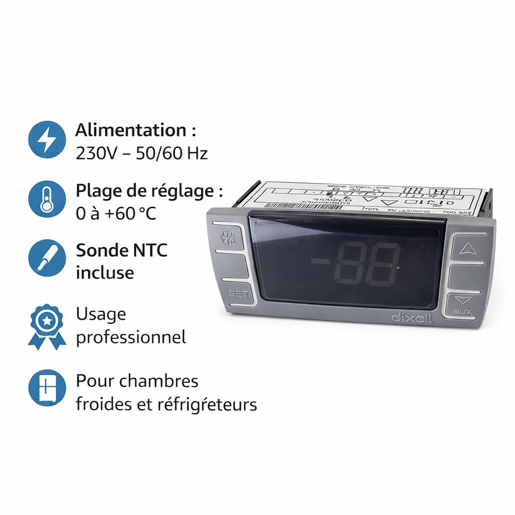 Dixell XR02CX-5R0C1 Contrôleur de thermostat numérique de température hors cycle dégivrage 230V/50-60Hz avec 1 capteur de sonde de température pour réfrigérateurs congélateurs appareils de chauffage
