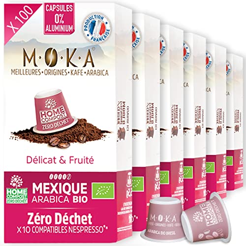 MOKA 100 Capsules Compostables 100% Pur Arabica du Mexique Bio - Compatible avec les machines à Capsules Nespresso - Intensité 8 - Home Compost - Expresso et Lungo - Torréfié en France…
