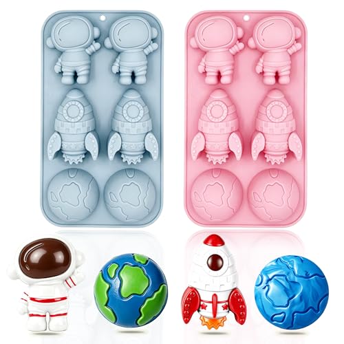 2 Pack Astronaut Silicone Molds 6 Cavity 3D Space Themed Rocket Plaster Molds for Kids Earth Baking Mould Tray DIY Tool for Chocolate Cupcake Topper Mousse Pastry Soap Crayons Plaster Casting