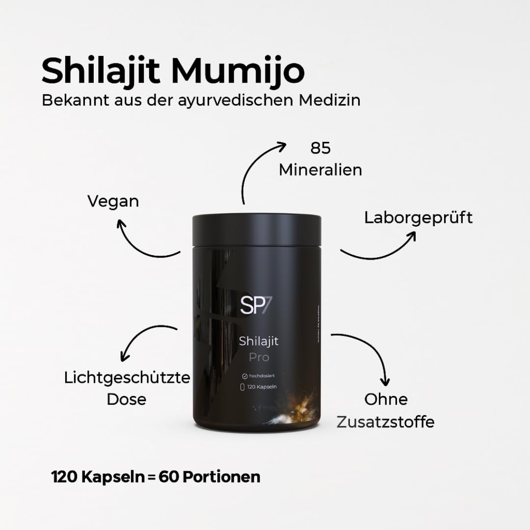 SP7® Shilajit Pro Kapseln - Himalaya Mumijo mit 85 Minerals - 120 Kapseln - hochdosiert 1000mg pro Tagesdosis - originales Shilajit aus Himalaya - vegan & laborgeprüft