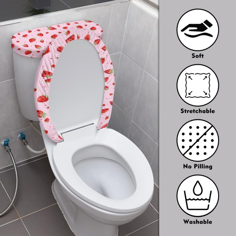 Daulesho Pink Strawberry 2pcs Toilet Lid Cover Sets Cartoon Strawberry Toilet Seat Covers with Elastic Edge Cute Berry Fruit Home Machine Washable Bathroom Accessories