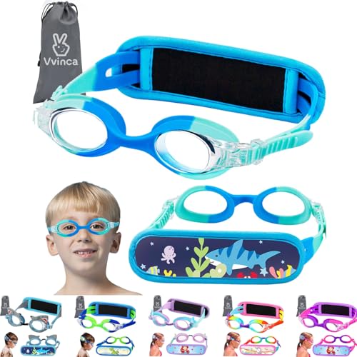 Vvinca Kids Goggles with Fabric Strap No Tangle Pain-Free Swim, Anti-Fog Swimming Pool Goggle No Leak for Toddlers Girls Boys