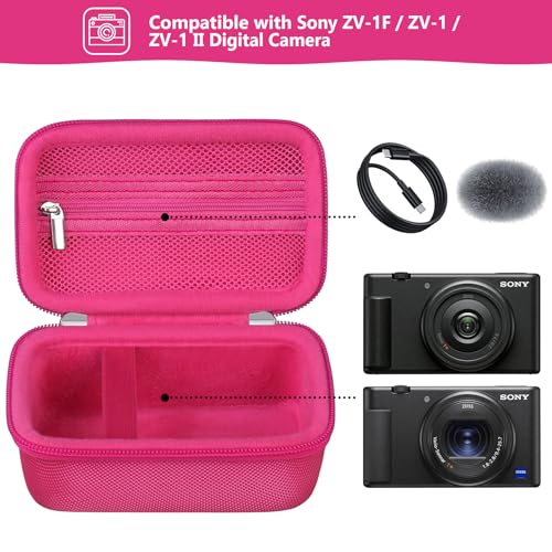 Image of Supmay Hard Travel Case for Sony ZV-1F / ZV-1 / ZV-1 II Digital Camera, Vlogger Camera Storage Holder Travel Bag with Zipper Mesh Pocket for Battery Pack, Charging Cable, USB Card, Rosered