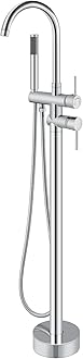 Floor Mount Bathtub Faucet Freestanding Tub Filler Standing High Flow Shower Faucets Shower Mixer Taps, Swivel Gooseneck Spout with Cylinder Handheld Polish Chrome