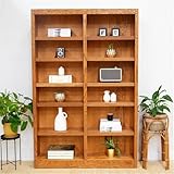 BOWERY HILL 84' Traditional Double Wide Wood Bookshelf Bookcase with 10 Adjustable Shelves and 2 Fixed Shelves, Assembly Required, for Home/Office, in Dry Oak Finish