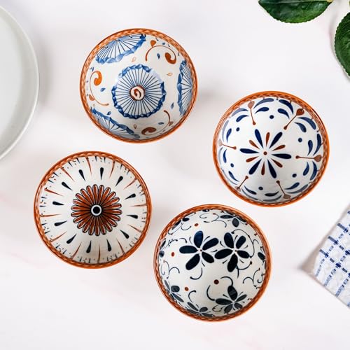 Image of Nestasia Ceramic Snack Bowl Set of 4 (300ml Each) - Dishwasher & Microwave Safe Bowl Set for Serving Soup, Rice, Dal, & Salad | Ribbed White Printed Bowls with Glossy Finish - Ideal for Gifting