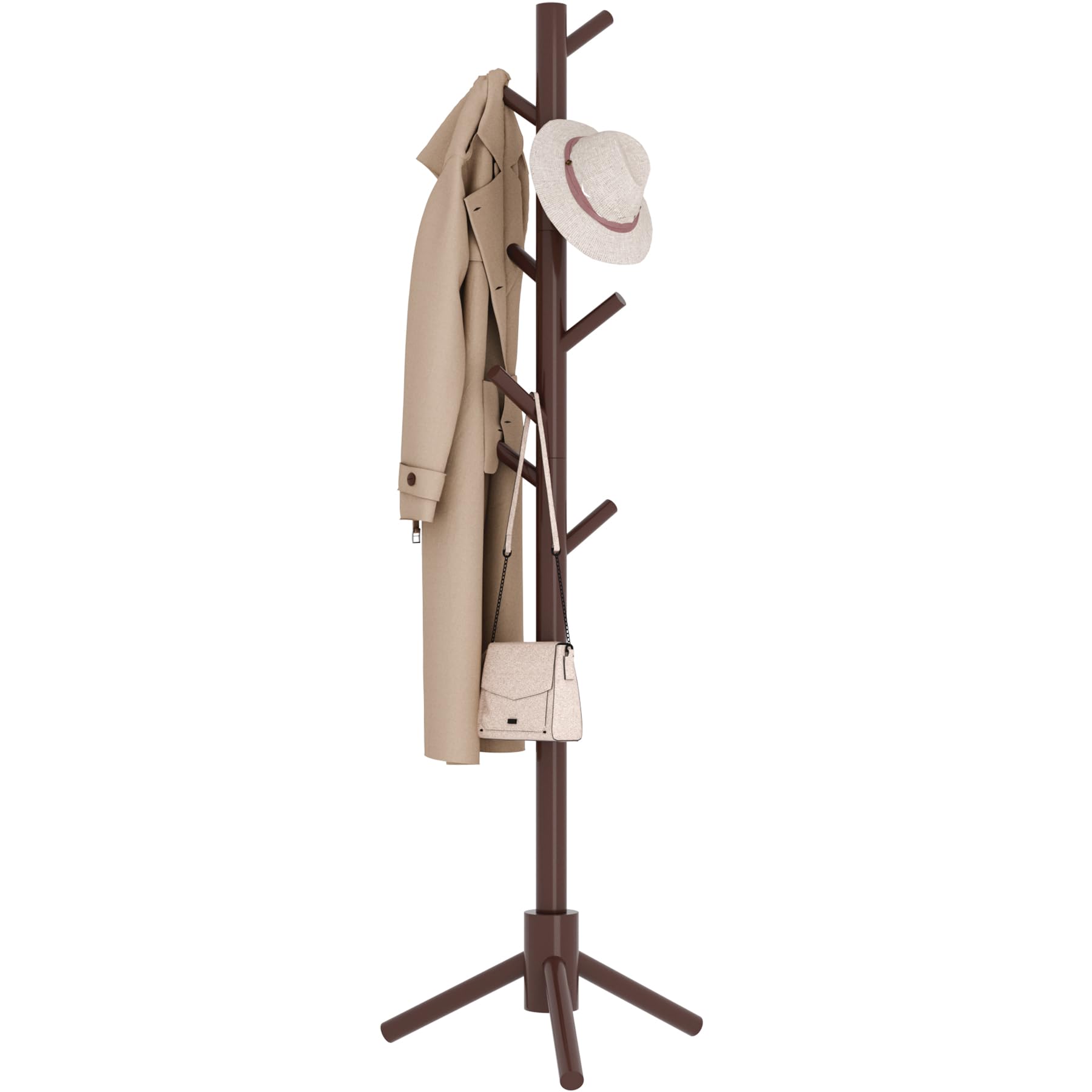 Sywhitta Coat Rack Stand, Wooden Freestanding Coat Rack with 8 Hooks, Easy Installation Clothes Hanger Stand for Clothes,Skirts,Used in Entryway,Hallway, Bedroom,Coffee