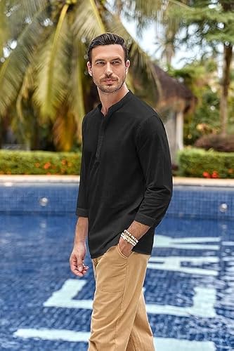 Runcati Męska Koszula Lniana, Rękawy 3/4, Henley Shirt, Regularny Krój, Koszula Rekreacyjna, Letnia Koszula Na Plażę, Lniane Koszule, czarny, XXL
