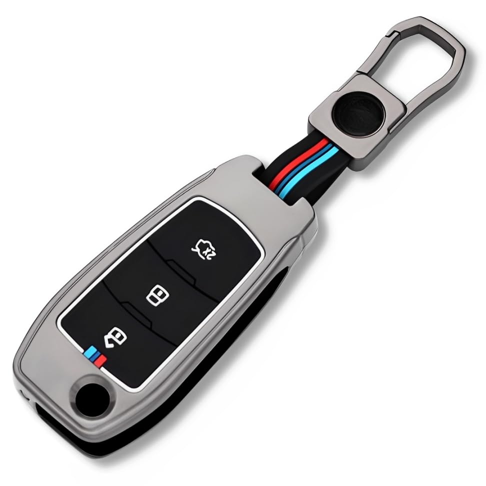 Image of BKN Metal Key Cover Compatible for Ford Figo, Aspire, Endeavour Flip Key 3 Button Flip Key with Keychain (3 Button Smart Key)