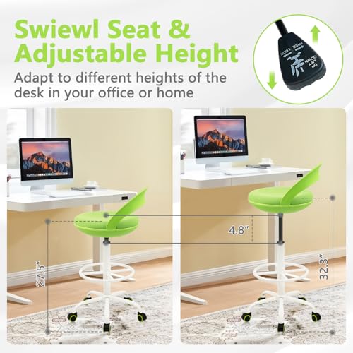Image of KLASIKA Office Drafting Chair with Back, Ergonomic Swivel Rolling Stool with Footrest, Adjustable Height Standing Desk Chairs for Home Work Shop Kitchen Task Computer Counter Height Bar, Green