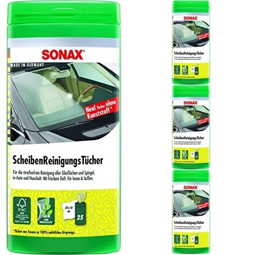 SONAX ScheibenReinigungsTücher Box (25 Stück) zur schnellen, einfachen und streifenfreien Reinigung von Allen Glas- und Spiegelflächen | Art-Nr. 04120000, 4er Packung