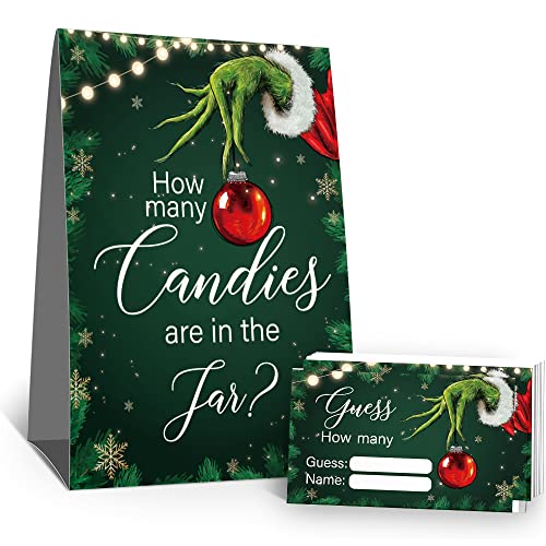 How Many Candies Christmas Theme Party Game Cards, Mistletoe Green Christmas Theme Party Game Cards Kit (1 Standing Sign + 50 Guessing Cards), Festive Activity Party Raffle Insert Ticket-73