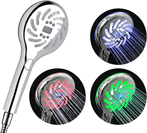 Fashome pommeau de douche LED Couleurs Changeantes Tête de Douche avec LCD Affichag de Température Digital Douchettes de salle de bain Chromé Douche à Main Grand 3 Modes Douche (G1/2 pouces, 12,6 cm)