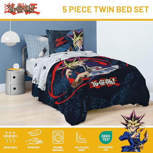 Image of Jay Franco Yu-Gi-Oh Twin Comforter Set 5 Piece Soft Anime Bedding, Blue | Bed in a Bag, Comforter Sheets Sham Pillowcase, Official Product, Soft Microfiber, Machine Washable, Easy Care, Kids Gift