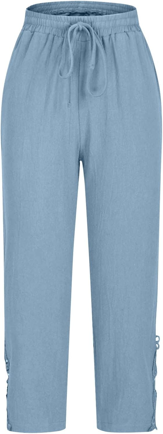Cotton Linen Pants Women Fashion Summer Casual Cropped Pants Lightweight Beach Vacation Trouser with Pockets